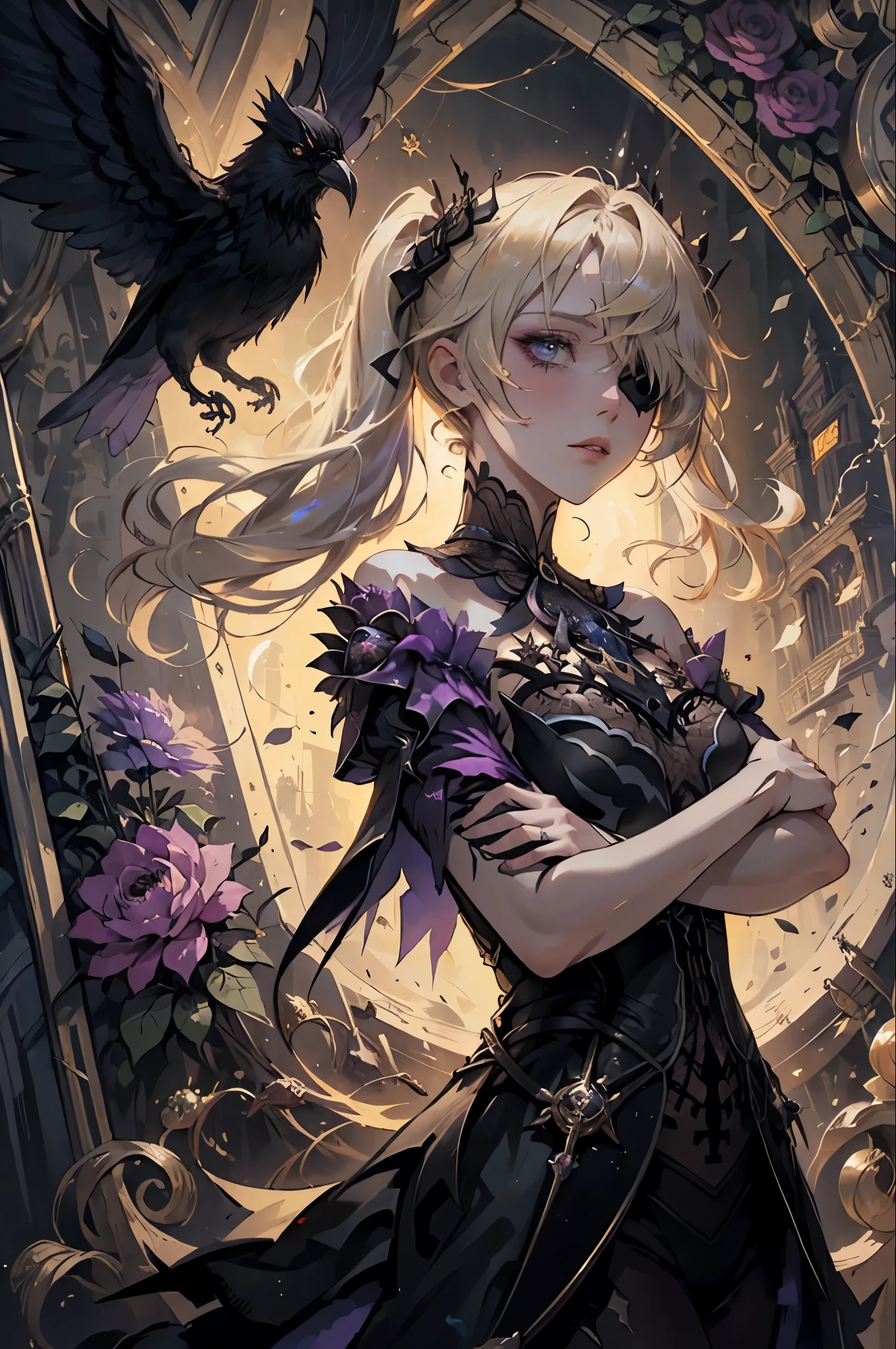 1woman, flowy blond hair ponytails, gothic, rose eyepatch in one eye, black lace gothic ****ta dress, dried flowers, stained glass, official art, unity 8k wallpaper, ultra detailed, beautiful and aesthetic, beautiful, masterpiece, best quality, (zentangle, mandala, tangle, entangle), (ecstasy of flower:1.2) dynamic angle, the most beautiful form of chaos, elegant, a brutalist designed, vivid colours, romanticism, atmospheric, extremely delicate and beautiful, Amazing, finely detail, masterpiece, ultra-detailed, highres,best illustration, best shadow,intricate,sharp focus, high quality,dark gothic princess, black raven