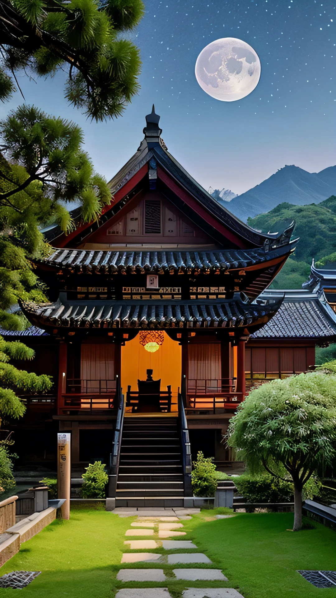 chinese traditional ink style。 The bright moon startled the magpie on the branch,The fragrance of rice flowers indicates a good harvest,Frogs are croaking。A few stars are twinkling in the sky,Two or three drops of rain fell in front of the mountain。 Next to the ancient thatched house and the Lin Temple,Winding Path Bridge。
