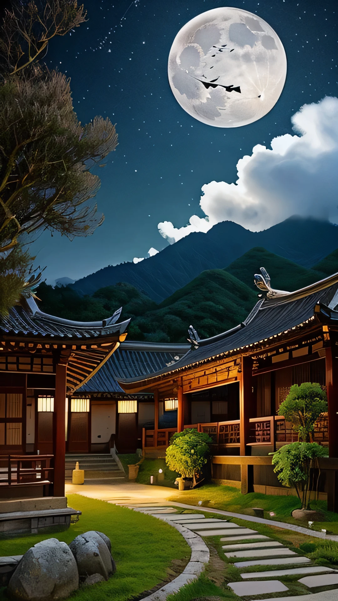 chinese traditional ink style。 The bright moon startled the magpie on the branch,The fragrance of rice flowers indicates a good harvest,Frogs are croaking。A few stars are twinkling in the sky,Two or three drops of rain fell in front of the mountain。 Next to the ancient thatched house and the Lin Temple,Winding Path Bridge。