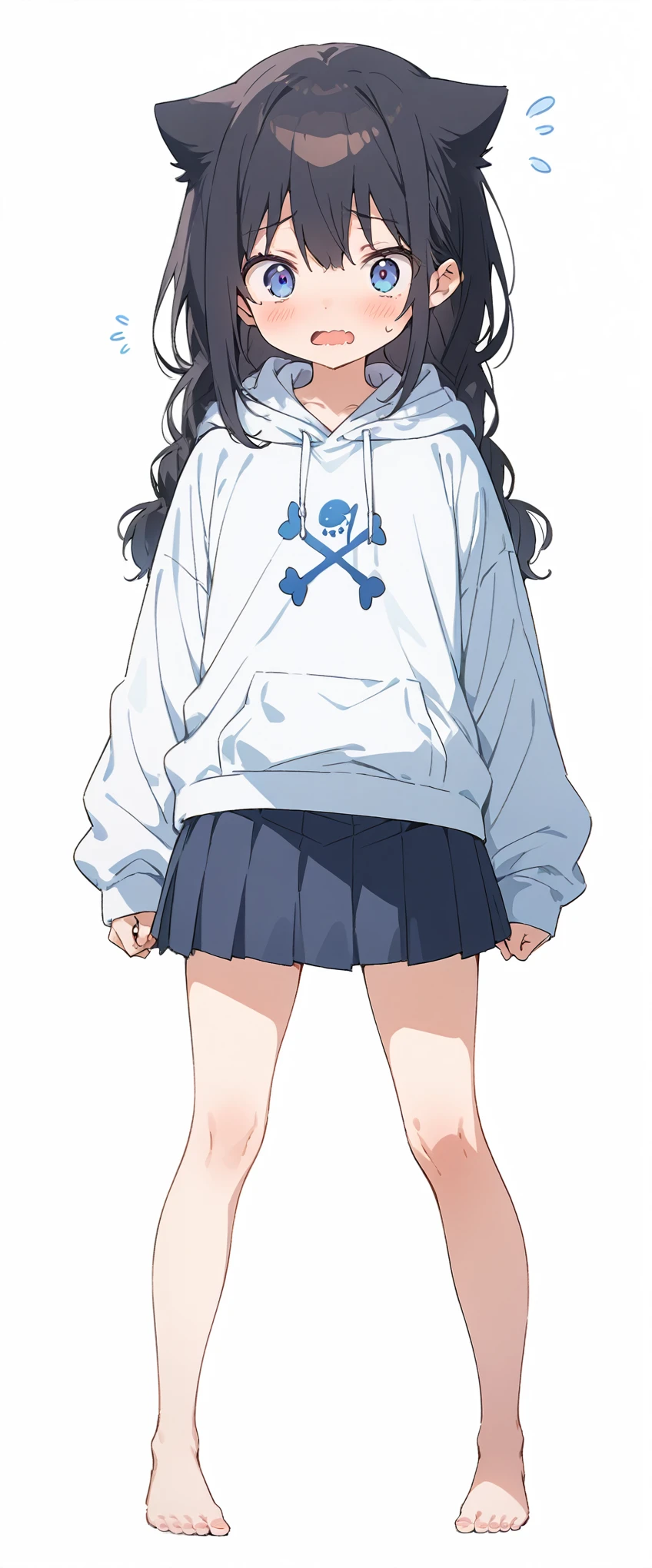 White background、Solid white background、Blank background、just standing girl, only one girl、Full body shot from the front,Ultra-high resolution, highest quality,fish-bone braid hair、Fishbone Hair、Flat Chest、beautiful detailed eyes、black hair、Black hair × Blue eyes、blue eyes、Troubled face、 Open your mouth、 Plain white hoodie、Black pleated skirt、barefoot