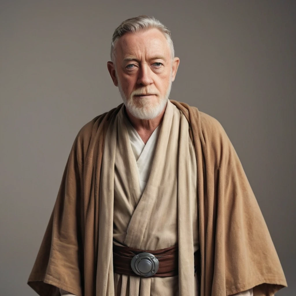 close up portrait of charismatic obi-wan kenobi (alec Guinness) in JediStyle, brown jedi robe standing