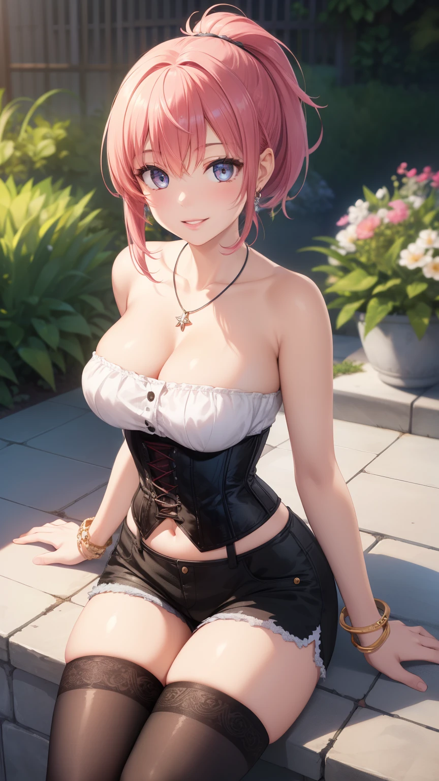 1girl, natural lighting, masterpiece, highly detailed, illustration, game CG, absurdres, high quality, aichan, large breasts, beautiful detailed eyes, medium bright pink hair, ponytail, bangs, glossy lips, light smile, garden, bracelets, necklace, jewelry, strapless corset, thigh highs, black shorts