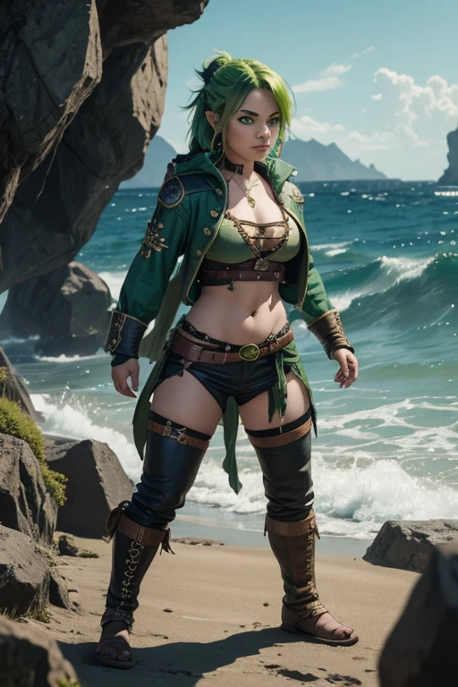 Female halfling pirate with toxic green hair, green eyes, piercings, full body, fighting sea monsters, ruggish clothing 