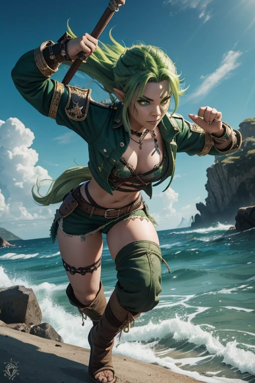 Female halfling pirate with toxic green hair, green eyes, piercings, full body, fighting sea monsters, ruggish clothing