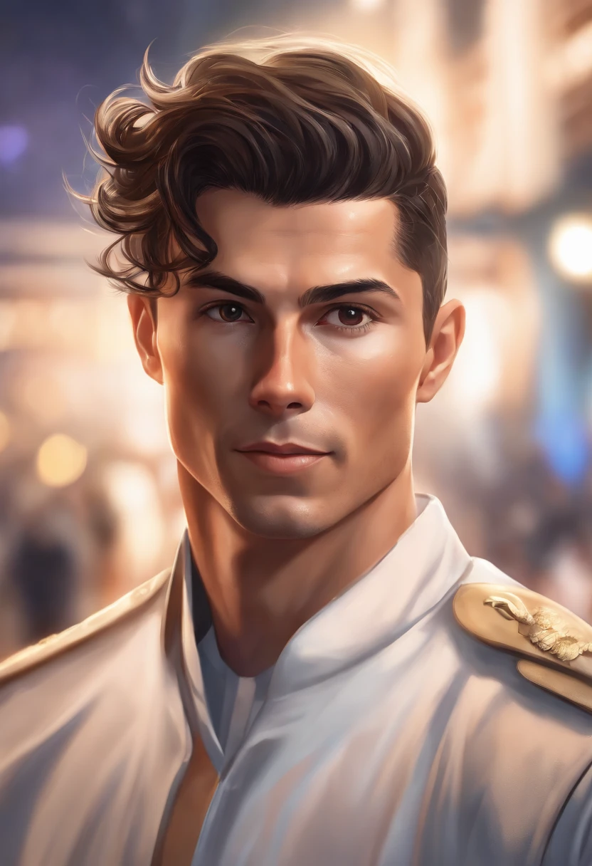 Close-up face portrait of a cristiano ronaldo with smiling expressions, lakers jersey, soft smooth skin, Fantastic Big Eyes, beautiful intricate, Symmetrical medium color hair, Keep your eyes open for anime, Soft lighting, Detailed face, By Makoto Shinkai, Stanley Ateg Liu, Phlegm sputum, phlegm, rossdraws, concept-art, realistic, looking at the camera, 4D