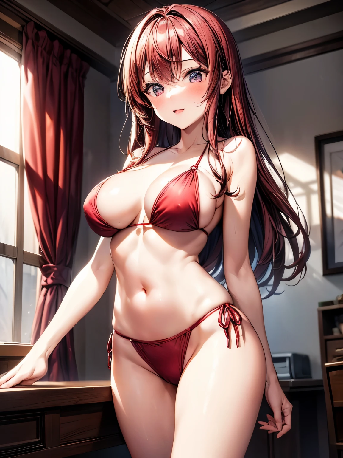 highest quality、Nice sexy body、One Woman、(solo)、((Beautiful busty woman:1.6))、(Woman with dark red hair:1.3)、Long hair woman、((Woman in a red bikini))