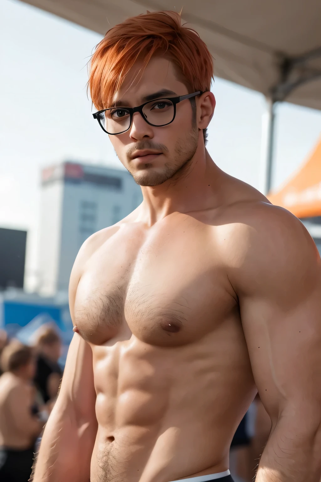 Men, six pack, orange short hair, portrait, ultra detail, handsome, festival, eye glass