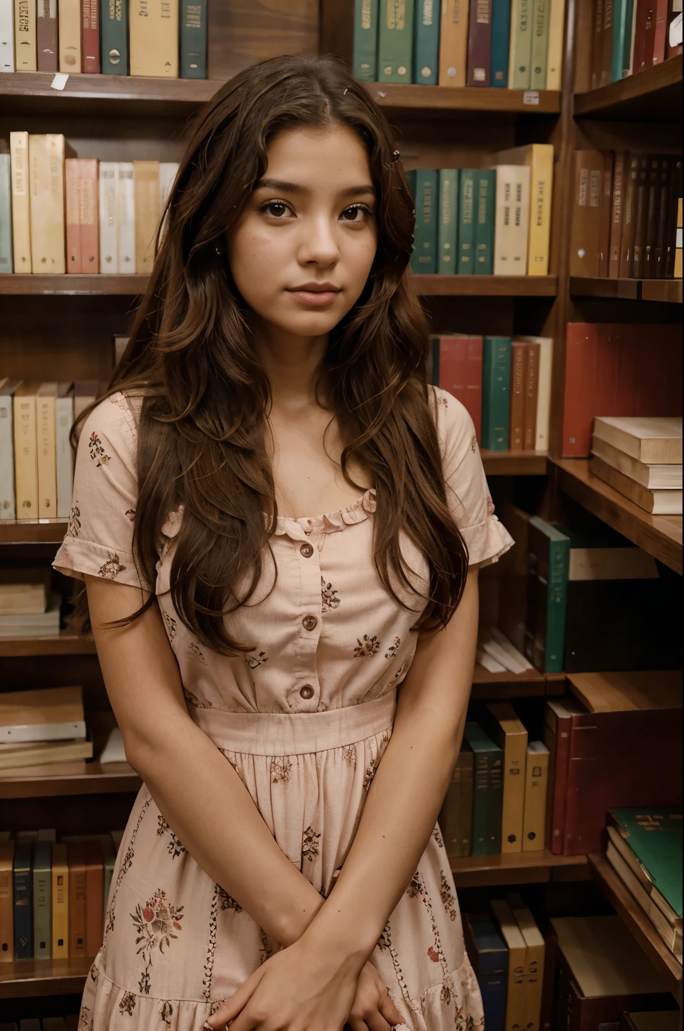 Fashion very long runway ivory dress in a heavenly Oxford library worn by a south asian girl. There are pearls on the bust  and the bottom of the dress. The girl has flowers and pearl in her hair. 
