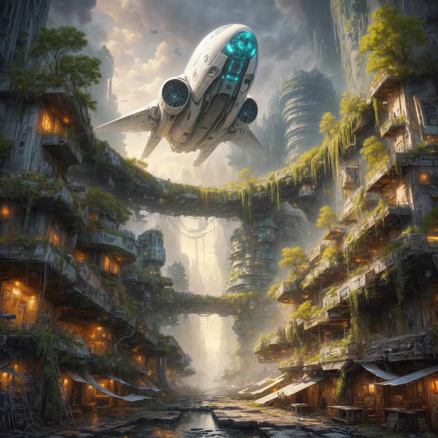 a painting of a futuristic city with a spaceship flying above it, in einer Fantasy-Science-Fiction-Stadt, Science-Fiction-Fantasie-Tapete, Science-Fiction-Fantasy-Kunst, epische Fantasy-Sci-Fi-Illustration, mystische Sci-Fi-Konzeptkunst, Beautiful science fiction art, futuristische utopische Fantasie, Stilisiertes Urban-Fantasy-Kunstwerk, epische Sci-Fi-Fantasy-Kunst, Antike Science-Fiction-Stadt