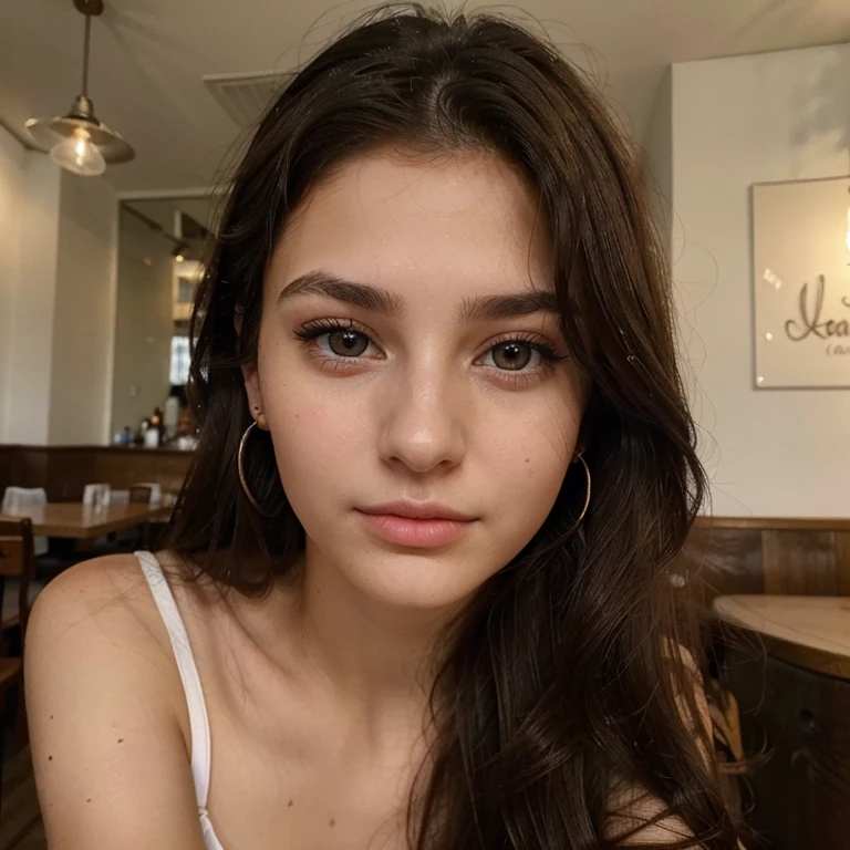 Photo of a 20 year old brunette woman, that  has a very natural face,  thin lips, thin eyes, thin eyebrows, thin nose, earrings, long eyelashes. She makes a cute selfie in a cafe