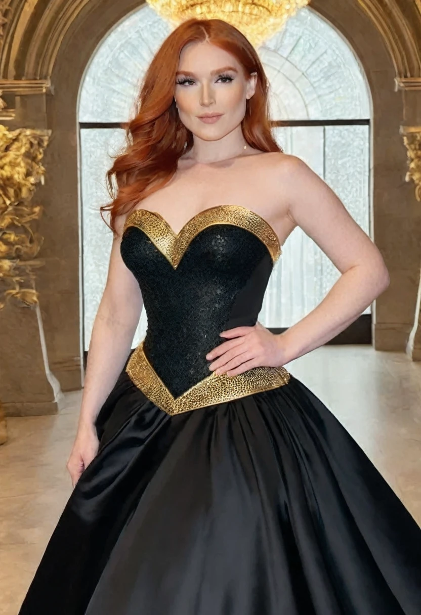 (high quality:1.5), (8k), extremely detailed, (High detail:1.2), Solo, (Hotlexi Woman), irish red-haired female, ((perfect anatomy hands)), (black luxury dress strapless with gold details),