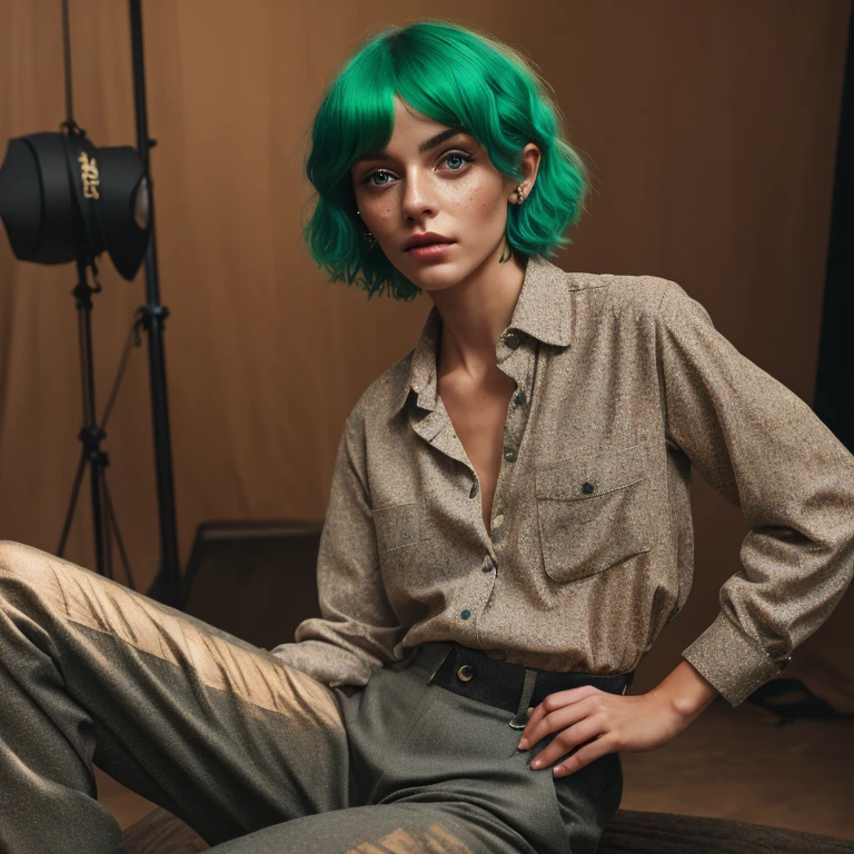 a photo of a seductive woman with loose styled green hair, posing in photo studio, she is wearing Button-up Shirt and Trousers, intricate details, goosebumps, flawless face, (light freckles:0.9), ((photorealistic):1.1), (raw, 8k:1.2), dark studio, muted colors