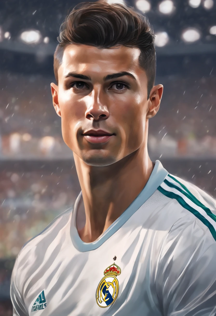 Close-up face portrait of a cristiano ronaldo with smiling expressions, real madrid jersey, soft smooth skin, Fantastic Big Eyes, beautiful intricate, Symmetrical medium color hair, Keep your eyes open for anime, Soft lighting, Detailed face, By Makoto Shinkai, Stanley Ateg Liu, Phlegm sputum, phlegm, rossdraws, concept-art, realistic, looking at the camera, 4D