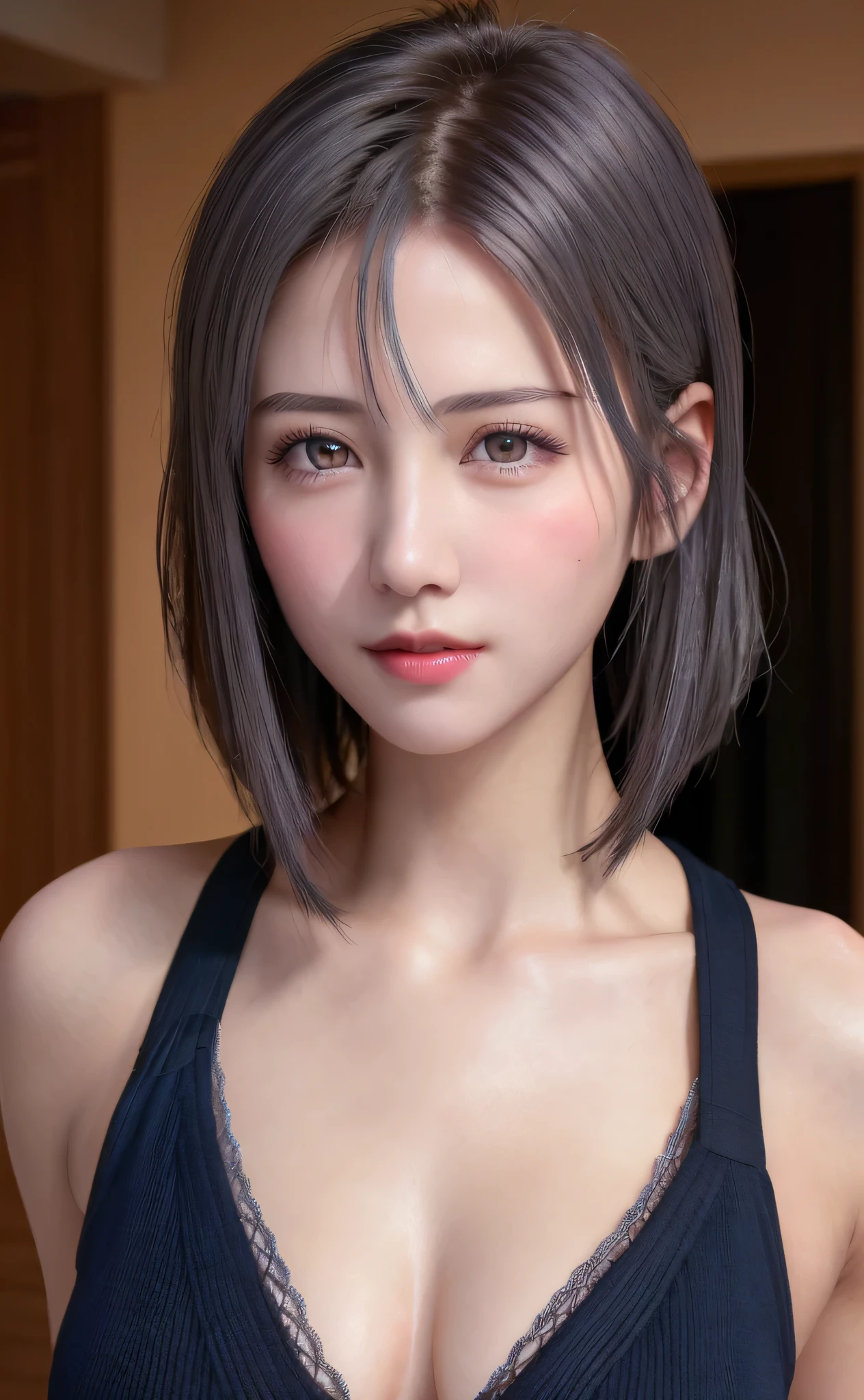 (8K, Photorealistic, Raw photo, of the highest quality: 1.3), (1girl in), Super beautiful, (Realistic face), (boyish, Silver Color Berry Shorthair), Beautiful , Glare that captivates the viewer, Beautiful expression, Beautiful breasts, (Realistic skin), Be...