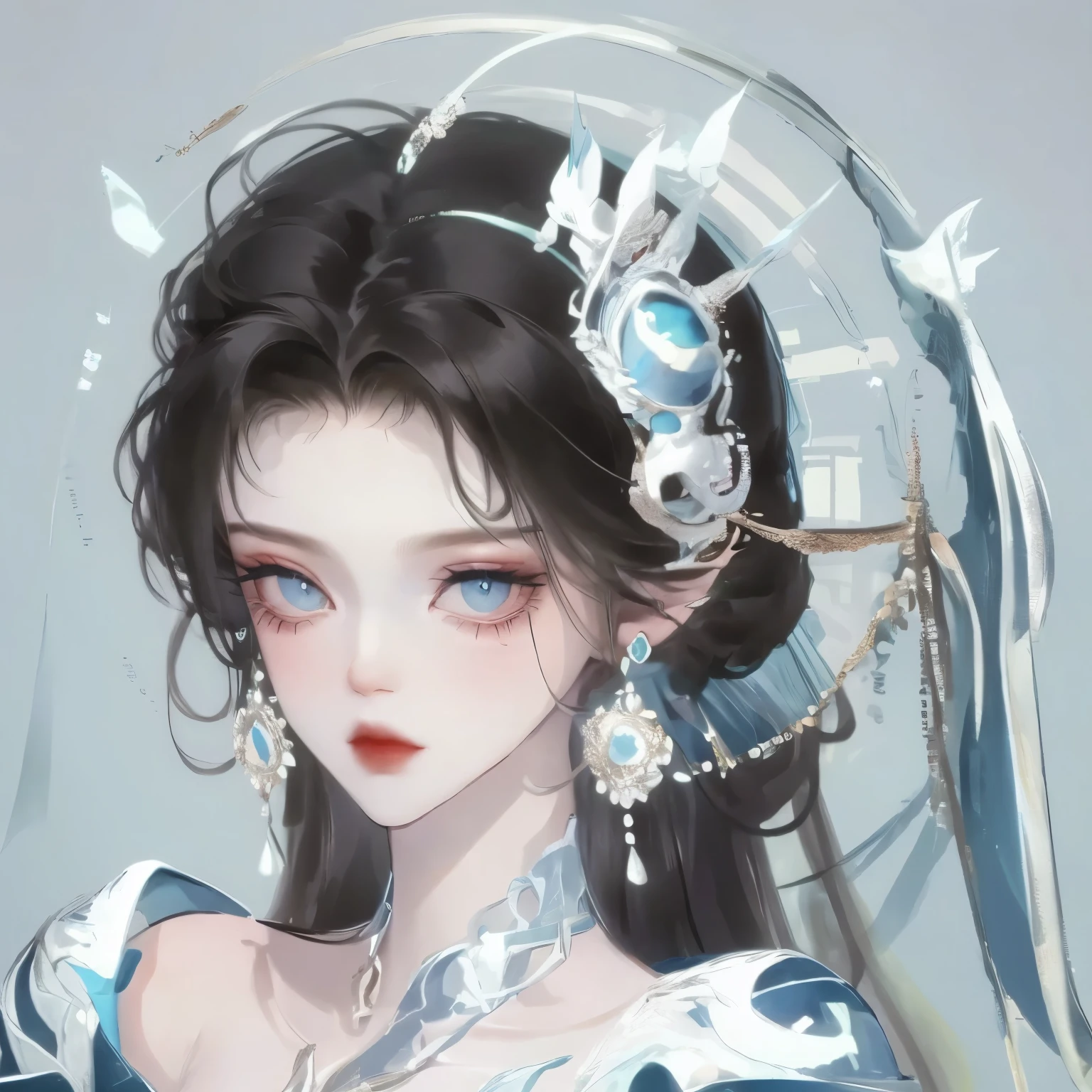 1 female, Black Hair, Blue pupils, Delicate face, charming, earrings, White Dress,  Fun, Ultra HD, masterpiece, best quality, Extremely detailed, precise