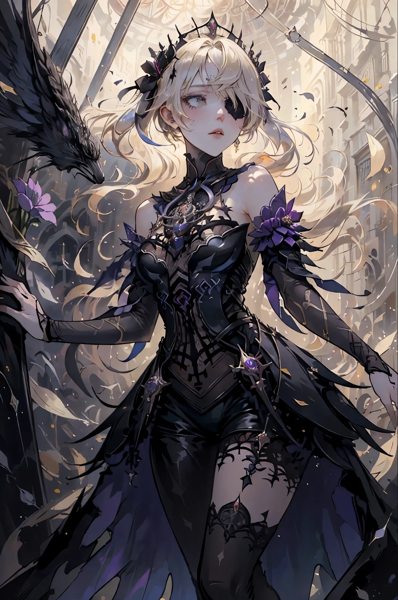 1woman, flowy blond hair ponytails, gothic, rose eyepatch in one eye, black lace gothic ****ta dress, dried flowers, stained glass, official art, unity 8k wallpaper, ultra detailed, beautiful and aesthetic, beautiful, masterpiece, best quality, (zentangle, mandala, tangle, entangle), (ecstasy of flower:1.2) dynamic angle, the most beautiful form of chaos, elegant, a brutalist designed, vivid colours, romanticism, atmospheric, extremely delicate and beautiful, Amazing, finely detail, masterpiece, ultra-detailed, highres,best illustration, best shadow,intricate,sharp focus, high quality,dark gothic princess, black raven