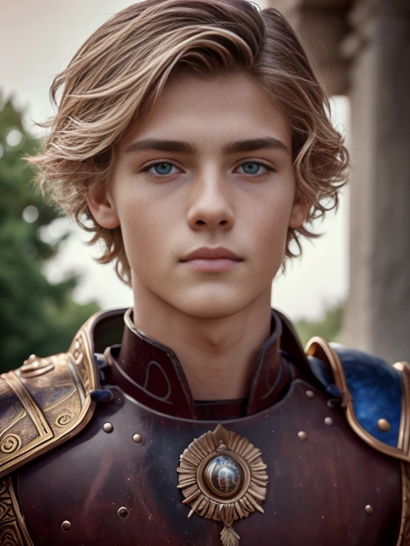 Portrait, 1boy, 20 years old, armor, warrior, ancient Rome, handsome, Greek model, blonde boy, blue eyes, symmetrical, focus on the boy, medium shot, looking at the camera, film grain, young god greek, beauty, pose, super model, young god greek beauty, representation of a Greek god, glorious, majestic, supreme, nature, artistic portrait, artistic pose, photography award