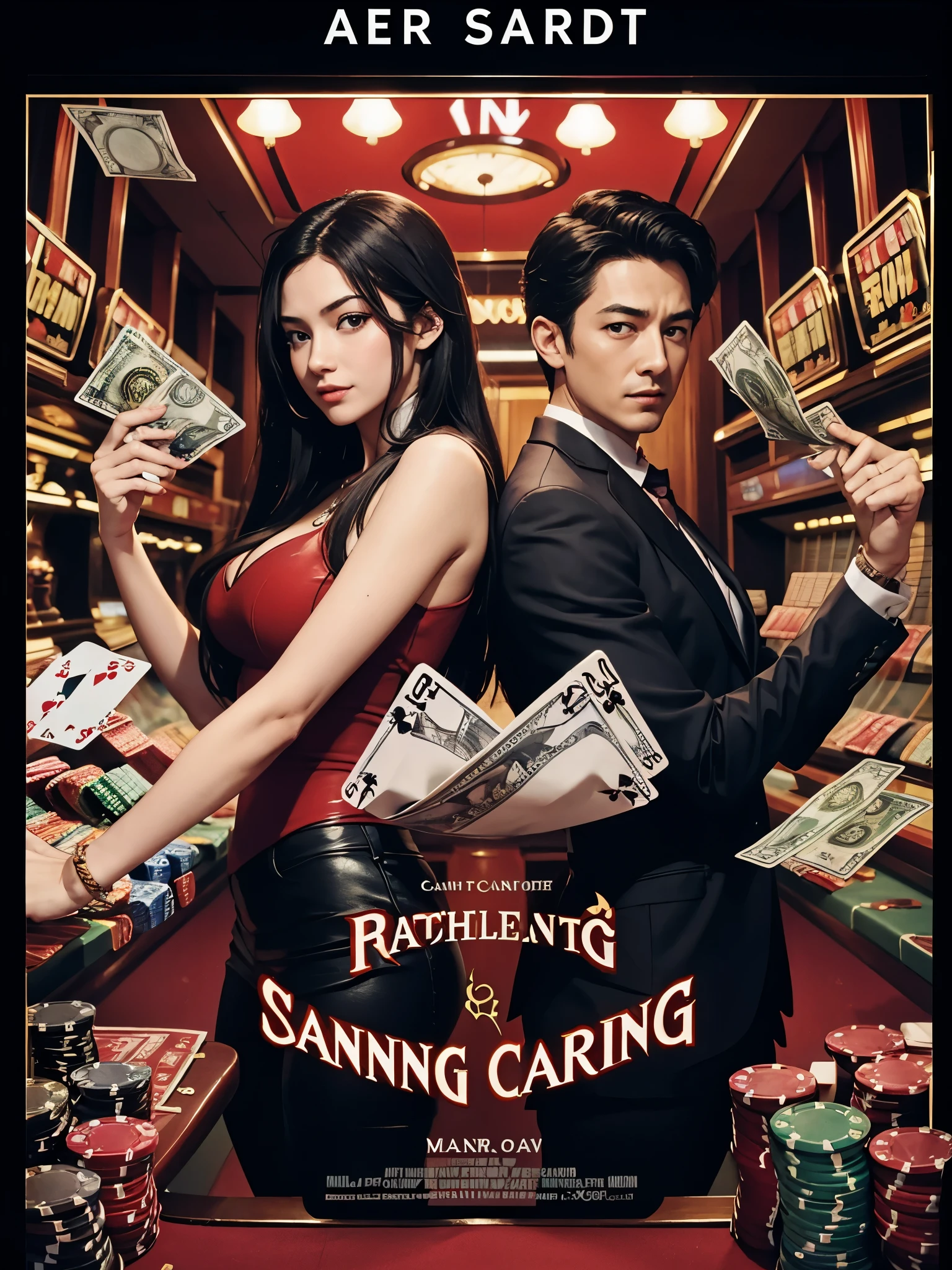 Movie Poster, gambling, cards, money, without character,