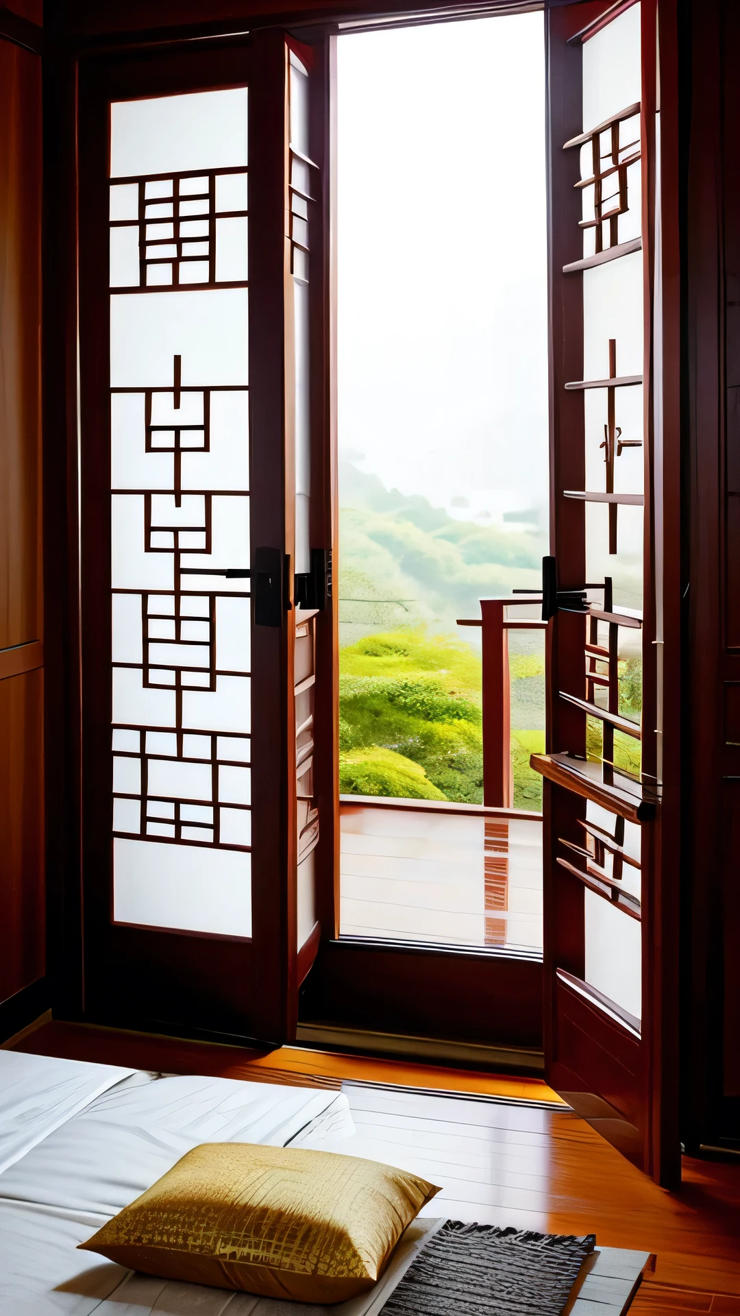 chinese traditional ink style。Good place to spare poetry books on the pillow，The scenery in front of the door is rainy。