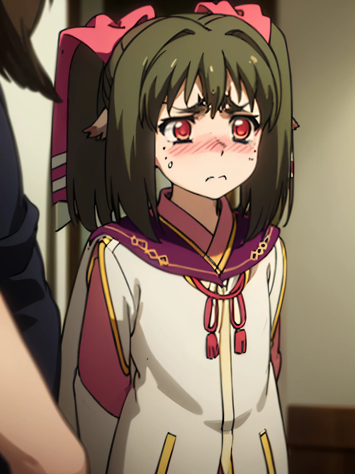 NSFW,Nekone、Long Hair、Brown Hair、(Red Eye:1.3)、ribbon、Animal Ears、Twin tails、ヘアribbon、Mole、目の下のMole,(Perfect hands),(Perfect Anatomy),(masterpiece),(highest quality),Embarrassed,blush,(Frustrated face:1.5)