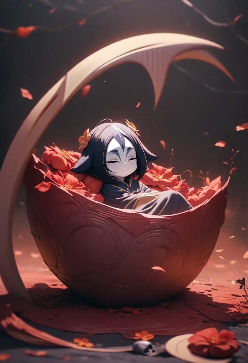 (shylily/(Twich/):1.5),(masterpiece:1.2),(best quality:1.2),Solitary,1 female\(Lovely,Kawaii,,Braided hair,messy hair,closed eyes smile,White skin,A big smile,enjoy,whole body,Wearing the black robe of the Grim Reaper,Holding a sickle and a skull,Skip,Flower Hair Accessories,),background\(Black sky,Withered flowers all over the ground,Thick red water\), rest ,quality\(8K,Extremely detailed CG unit wallpaper, masterpiece,high resolution,top-quality,top-quality real texture skin,Surrealism,提high resolution,RAW photos,Best quality,Very detailed,wallpaper\)