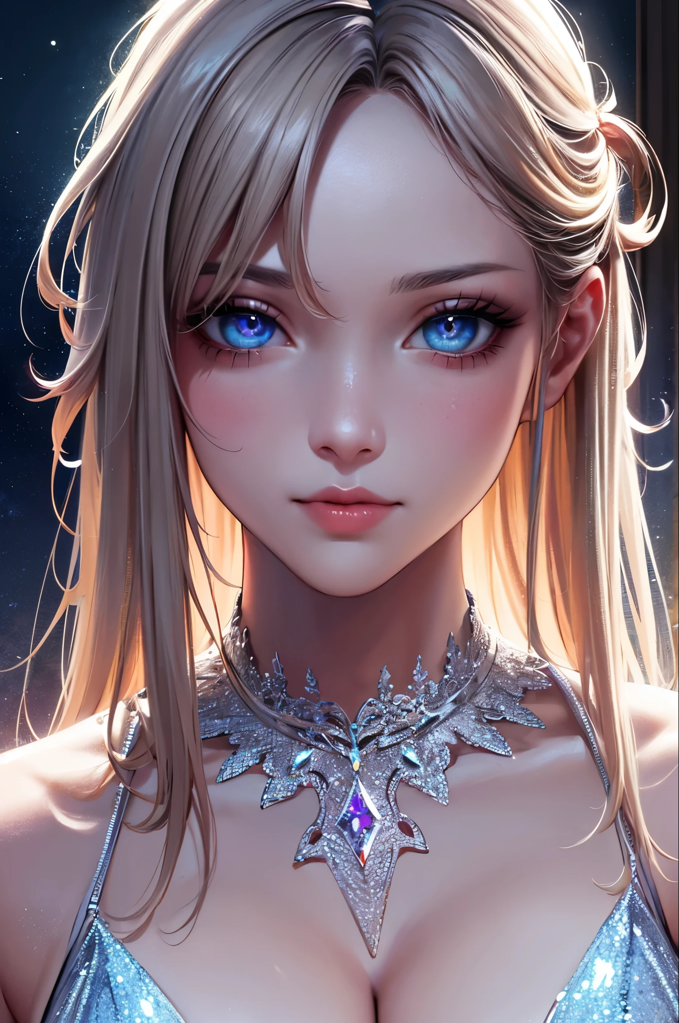 masterpiece, Awesome girl, pretty girl, bust, High Detail Eyes, Perfect Eyes, Portraiture, A face with attention to detail, Same eyes, Glare, Rainbow-colored, Global Illumination, Soft Light, dream lights, Digital Painting, 8k Close-up, Fantasy, Night Sky, performer, nebula, White Crystal, moonlight, Tranquility, summer, (8k:1.1)