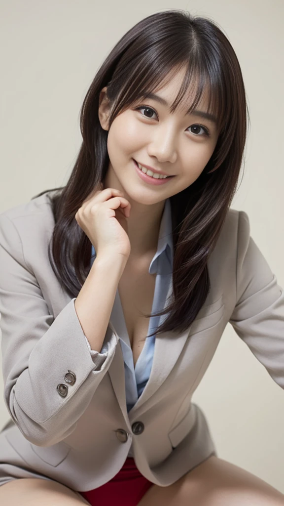 ((1 girl)), Very beautiful Japanese idol portraits, (RAW Photos, highest quality), (Realistic, Realistic:1.4), (masterpiece), Very delicate and beautiful, Very detailed, 2k wallpaper, wonderful, finely, Very detailed CG Unity 8K 壁紙, Very detailed, High resolution, Soft Light, Beautiful detailed girl, Very detailed目と顔, Beautiful and detailed nose, finelyて美しい目, Cinema Lighting, (Simple light color background:1.3), (Long Hair), (Parted bangs), Complete Anatomy, Slender body, Small breasts, smile, ((Full body shot)), ((banker)), (business suit),(Panty lines),Sexy pose,Vibrant,((secretary)),Slender,Long legs,