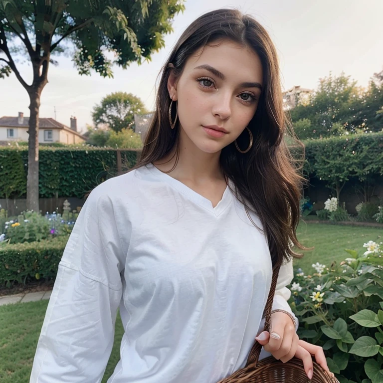 Photo of a 20 year old brunette woman, that  has a very natural face,  thin lips, thin eyes, thin eyebrows, thin nose, earrings, long eyelashes. She makes a cute selfie in a garden in basket ball clothes , white shirt , blue skrit