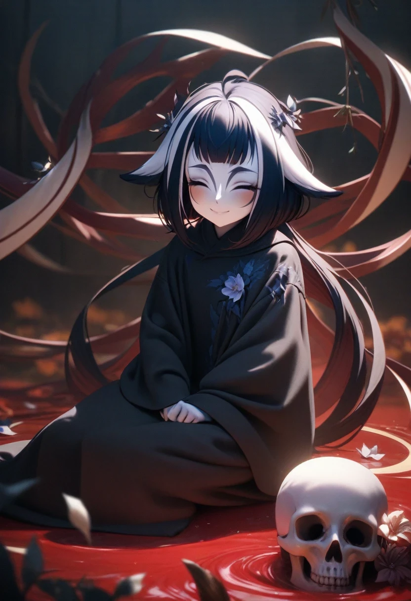 (shylily/(Twich/):1.5),(masterpiece:1.2),(best quality:1.2),Solitary,1 female\(Lovely,Kawaii,,Braided hair,messy hair,closed eyes smile,White skin,A big smile,enjoy,whole body,Wearing the black robe of the Grim Reaper,Holding a sickle and a skull,Skip,Flower Hair Accessories,),background\(Black sky,Withered flowers all over the ground,Thick red water\), rest ,quality\(8K,Extremely detailed CG unit wallpaper, masterpiece,high resolution,top-quality,top-quality real texture skin,Surrealism,提high resolution,RAW photos,Best quality,Very detailed,wallpaper\)