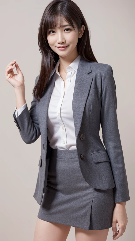((1 girl)), Very beautiful Japanese idol portraits, (RAW Photos, highest quality), (Realistic, Realistic:1.4), (masterpiece), Very delicate and beautiful, Very detailed, 2k wallpaper, wonderful, finely, Very detailed CG Unity 8K 壁紙, Very detailed, High resolution, Soft Light, Beautiful detailed girl, Very detailed目と顔, Beautiful and detailed nose, finelyて美しい目, Cinema Lighting, (Simple light color background:1.3), (Long Hair), (Parted bangs), Complete Anatomy, Slender body, Small breasts, smile, ((Full body shot)), ((banker)), (business suit),(Panty lines),Sexy pose,Vibrant,((secretary)),Slender,Long legs,