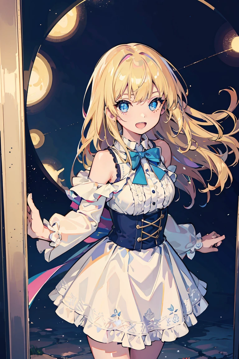 ((1 girl)), (Detailed and clear face) ,Happy face, Bare shoulders, Open Mouth, Rough poses, Festival Night, Moonlit Night,Light-coloured floral dress ,new, (Cowboy Shot),((Very detailed,highest quality, High resolution, 8k wallpaper, 美new服,)),((blonde, Long Hair,Messy Hair)), Blowing in the Wind, eye shadow, eyeliner,Glow Eye, reflected lightの美new目, ((Sparkling Blue Eyes)), 18-year-old girl,eye shadow, eyeliner,Glow Eye, -yeld gi Romanticism, modern art, Impressionism, reflected light, 8k, masterpiece, Advanced Details, highest quality, Accurate anatomy, Five Fingers