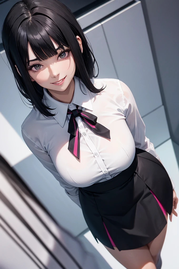 juri han, work of art,  secretary shirt with black tie, black high waist skirt, short skirt, black hair, black tights,evil smile,office,franja nos olhos,lighting,chifre de cabelos,view from above,olhando para cima,sorriso
