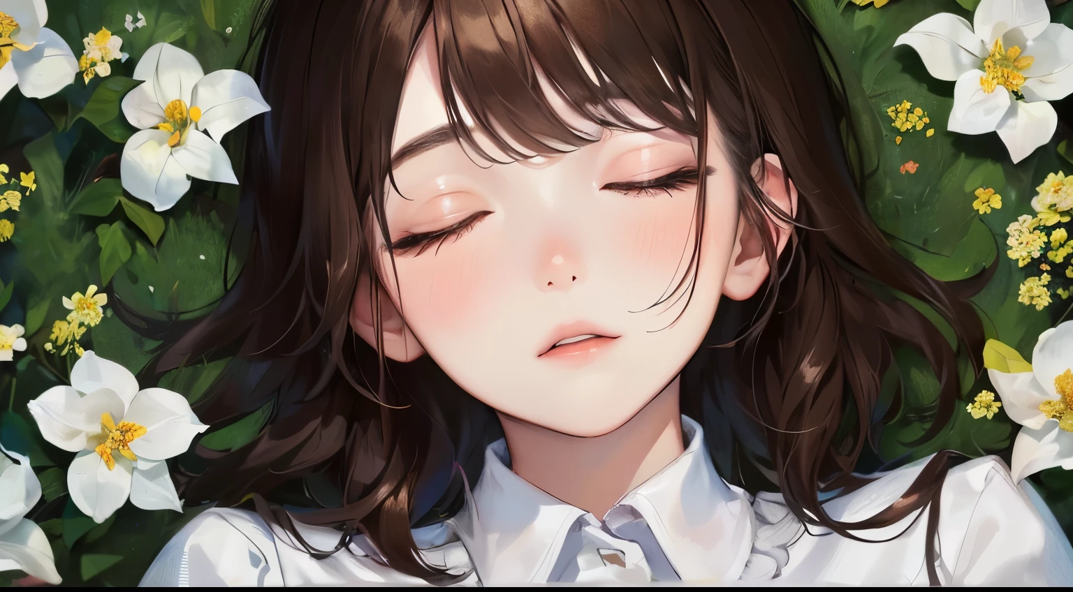 (((Background of lots of jasmine flowers)))、(((1 personの少女)))、((1 person)),Masterpiece,best quality, ((sleeping face))), ,((White blouse))、((Are sleeping))、determined expression, Upper body diagram、 (Highest Resolution、Clear_image)、Best Quality、Light and shadow contrast、((illumination))、Very detailed、Semi-realistic、Short Hairstyle、Brown Hair、bangs、19 years old、　Lady,,young、((View from top))、Delicate Facial Features