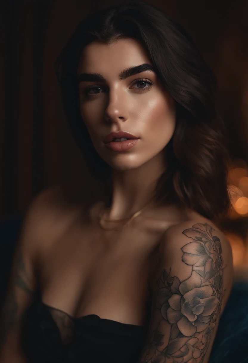 Tattooed girl dua lipa, very beautiful, meurtrier, bel homme, trahison, romantic, background dark, 8k, Dynamic wallpaper, very delicate, very dense, erotic, explicit