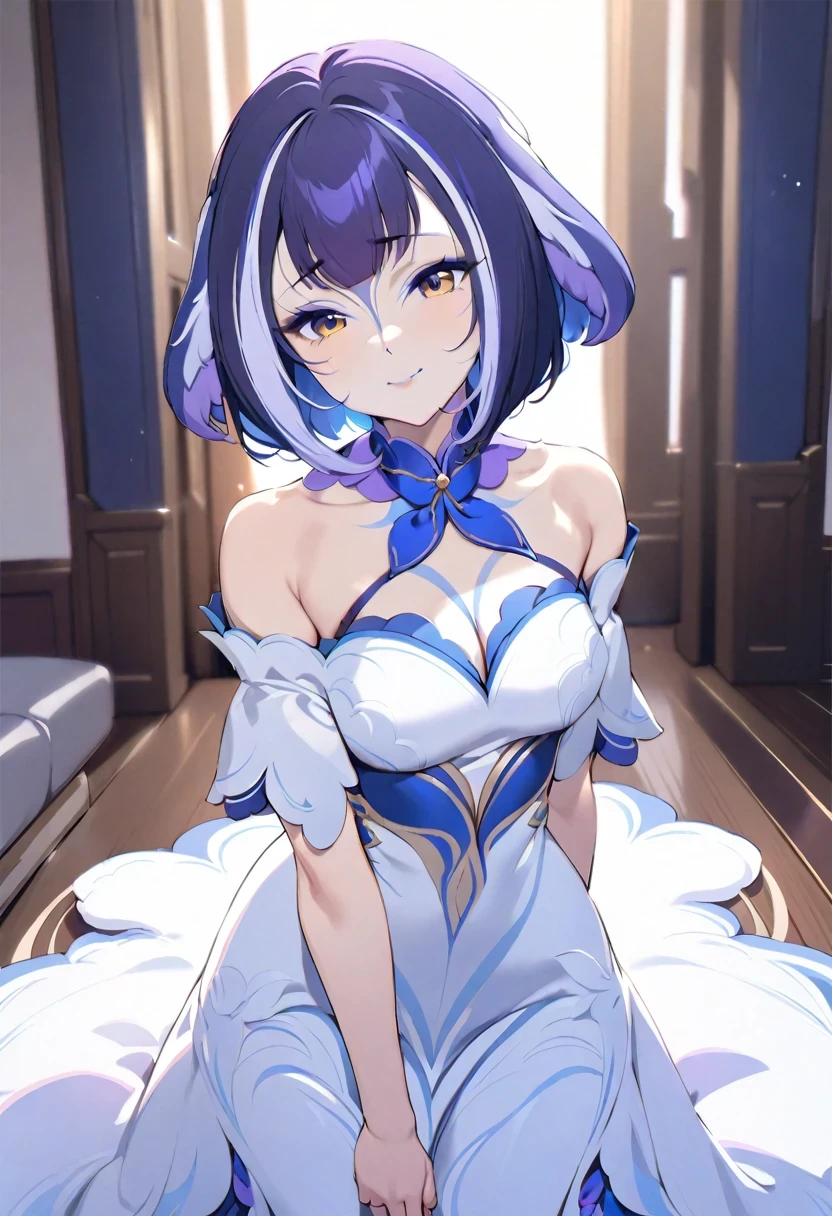 (shylily/(Twich/):1.5),(masterpiece:1.2),(best quality:1.2),Off-the-shoulder short hair,Scallop white floral dress,dignified and lovely teacher, beautiful girl