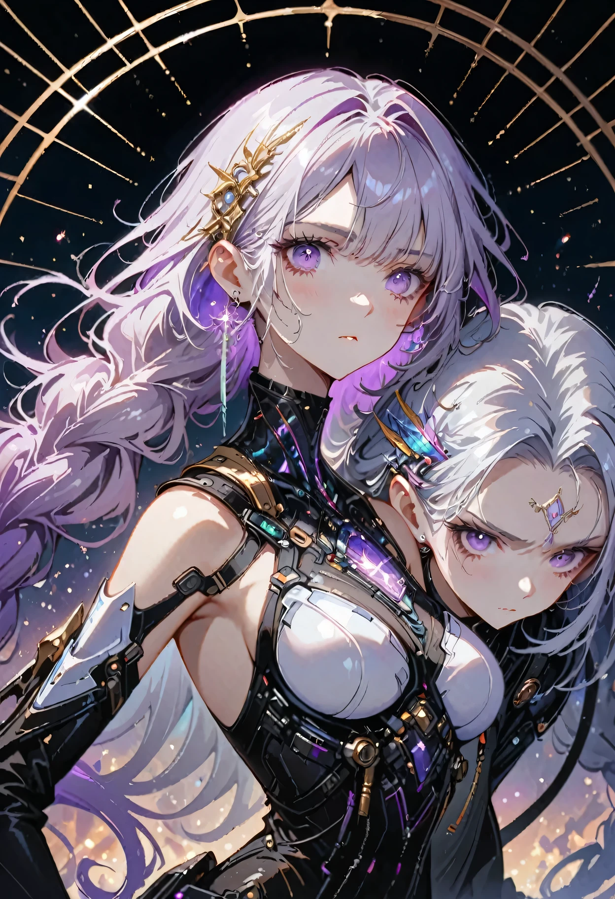 Complex 3D RendeRing ,Beautiful poRcelain contouRed mechanical female,Two girls back-to-back looking at the viewer,yinji , purple hair,purple eyes,very long hair,grey hair,double braid,gradient hair, cyboRg, integRated ciRcuit paRts, Rim light, VibRant details, LuxuRy CybeRpunk, Lace, hypeRPractical, Anatomy, cable wiRes, micRochip, elegant, beautiful StaRRy Sky backgRound, octane RendeRing, H. R. FixtuRe style, 8K, best quality, masteRpiece, illustRation, extRemely delicate and beautiful, VeRy detailed ,CG ,Unite ,wallpapeR, Astonishing, Fine details, SilveR ead