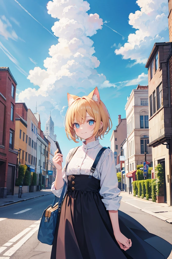 Ocher Hair Short Hair Dog ears boy Angel White Feather Full of smiles Beautiful blue sky Overlooking the big city