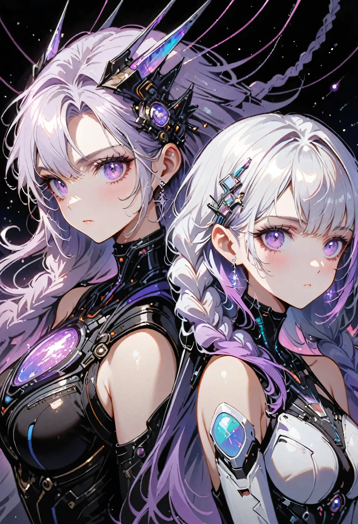 Complex 3D RendeRing ,Beautiful poRcelain contouRed mechanical female,Two girls back-to-back looking at the viewer,yinji , purple hair,purple eyes,very long hair,grey hair,double braid,gradient hair, cyboRg, integRated ciRcuit paRts, Rim light, VibRant details, LuxuRy CybeRpunk, Lace, hypeRPractical, Anatomy, cable wiRes, micRochip, elegant, beautiful StaRRy Sky backgRound, octane RendeRing, H. R. FixtuRe style, 8K, best quality, masteRpiece, illustRation, extRemely delicate and beautiful, VeRy detailed ,CG ,Unite ,wallpapeR, Astonishing, Fine details, SilveR ead