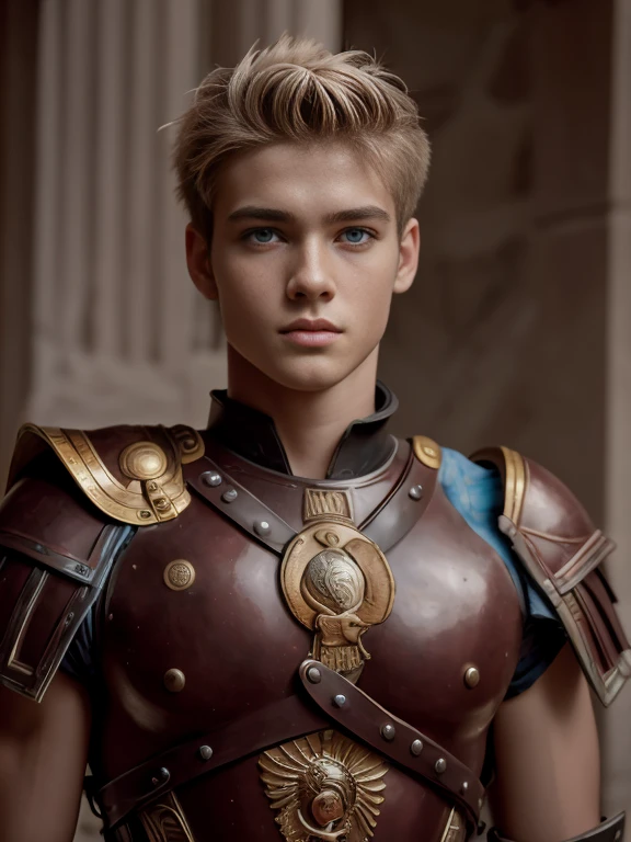 Portrait, 1boy, , armor, warrior, ancient Rome, handsome, Greek model, blonde boy, blue eyes, symmetrical, focus on the boy, medium shot, slim but defined body, looking at the camera, film grain, young god greek, beauty, pose, super model, young god greek beauty, representation of a Greek god, glorious, majestic, supreme, nature, artistic portrait, artistic pose, photography award