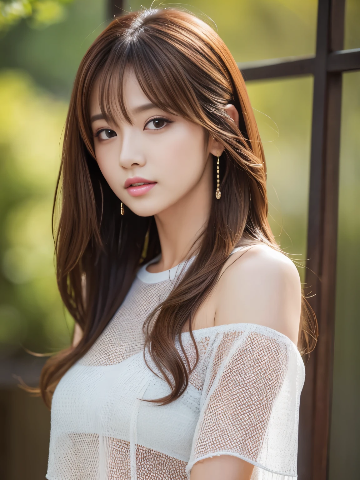 Ultra High Definition, Superior Quality, Premier Quality, ultra detailed, Photorealistic, 8k, RAW Photos, highest quality, masterpiece, Attractive Woman, Stunning Lady, Brown Hair, Shoulder Length Layered, Mesh Hair, Japanese Idol, Sophisticated, Stylish,