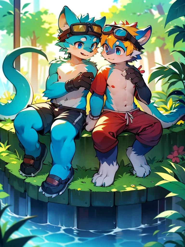 Chinese dragon boy,Gray fur,Topless, mammal, hairy,Aqua blue eyes,upscale hotel,Blue and black gradient swimming trunks quality,black fingerless gloves,goggles,