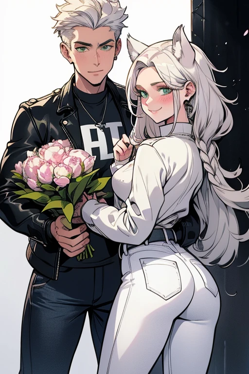 A white haired woman with green eyes and white wolf ears and a white wolf tail in a leather jacket and jeans is holding a bouquet of peonies with a blush and a smile