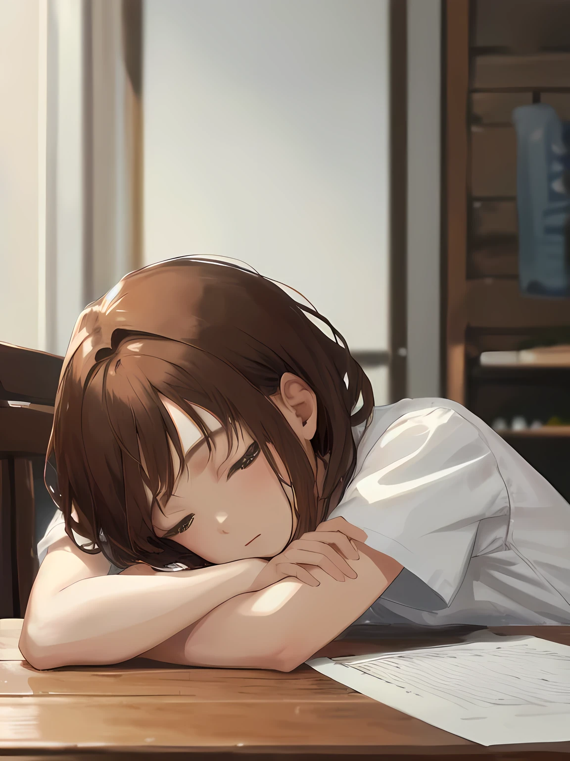 Masterpiece, surreal, 4k, a girl, short brown hair, white t -shirt, she fell asleep on the table,