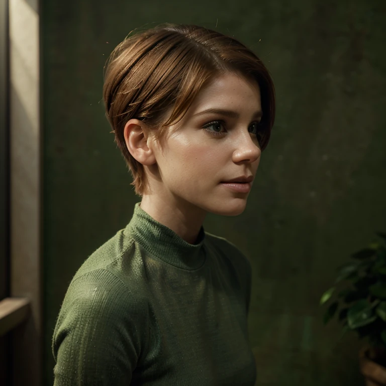 (Kate Mara: 1.0), bust, realistic warm lighting, dreamy and ethereal, gentle, (Seductive Smile: 0.8), pixie hair, short hair, Warm, profile 90, single person, concept art, sideways, masterpiece, ultrarealistic, chroma green wall background