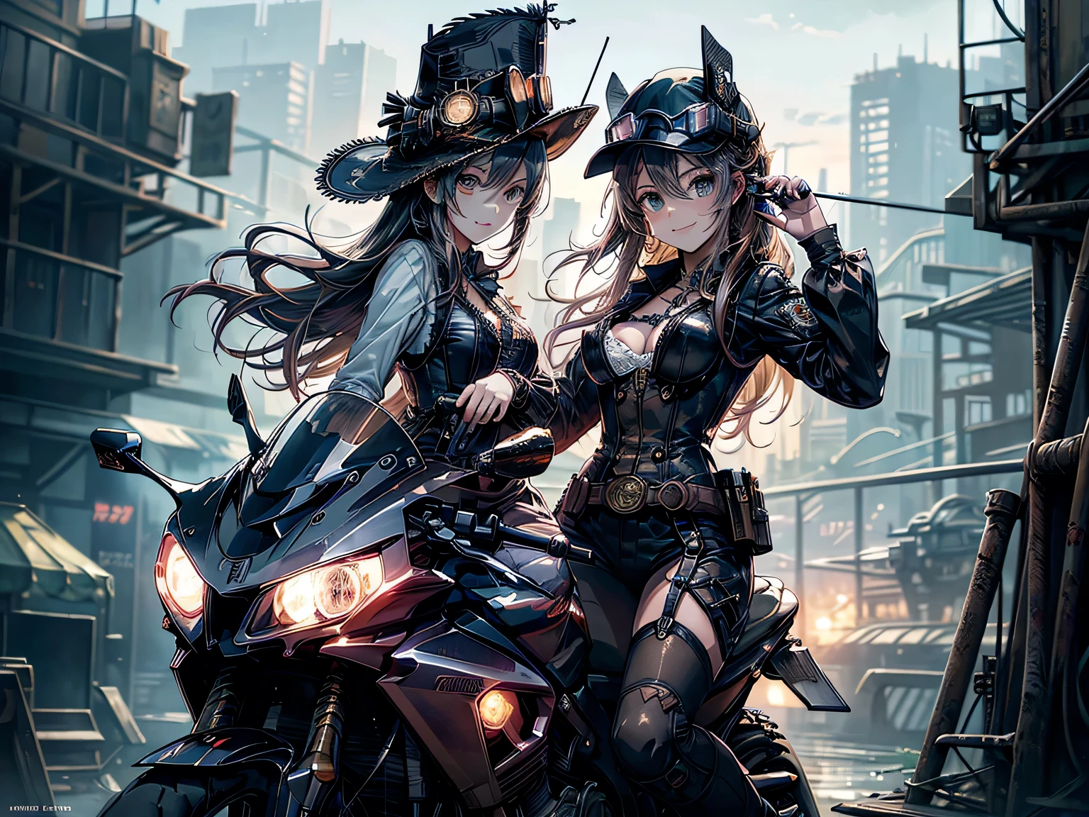 (Manga style),(Line art_anime),(Cowboy Shot, highest quality, ),(Photo by Laura Budd:1.2),(Laura Add details:1.0),8k, Flat Color:0.8,(1 girl,Smile 1.5)、View your viewers,(1. Riding a steampunk bike.8)、(Classic style bike 1.5)、(Highly decorative and complex mechanical steampunk fashion, Lace flare dolphin hat、Goggles 1.5、machinery background、Gear background、Intricately mechanized steampunk cityscape 1.5),