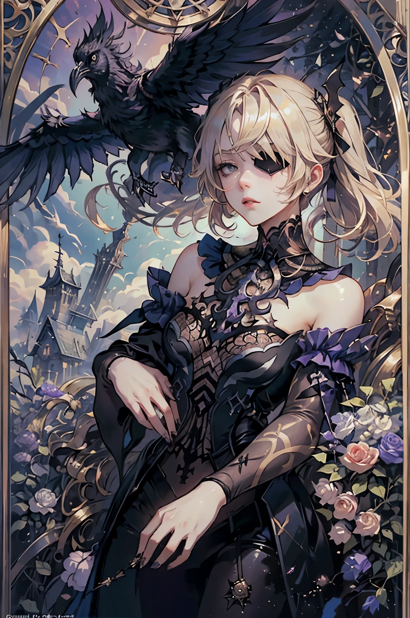 1woman, flowy blond hair ponytails, gothic, rose eyepatch in one eye, black lace gothic ****ta dress, dried flowers, stained glass, official art, unity 8k wallpaper, ultra detailed, beautiful and aesthetic, beautiful, masterpiece, best quality, (zentangle, mandala, tangle, entangle), (ecstasy of flower:1.2) dynamic angle, the most beautiful form of chaos, elegant, a brutalist designed, vivid colours, romanticism, atmospheric, extremely delicate and beautiful, Amazing, finely detail, masterpiece, ultra-detailed, highres,best illustration, best shadow,intricate,sharp focus, high quality,dark gothic princess, purple ghost of a raven