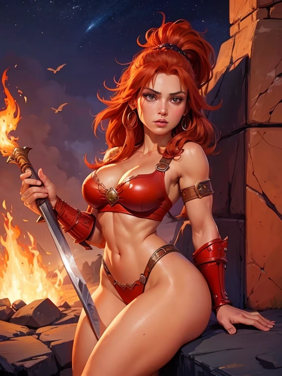 8k, digital painting, Comic Babes,a woman with a sword and armor in the fire, female barbarian, barbarian woman warrior, very beautiful female barbarian, a very beautiful berserker woman, portrait of a barbarian female, northern warrior, warrior, red-haired queen in heavy red armor, barbarian class, north adult warrior, female warrior, David Finch, barbarian, cavewoman, female redhead templar