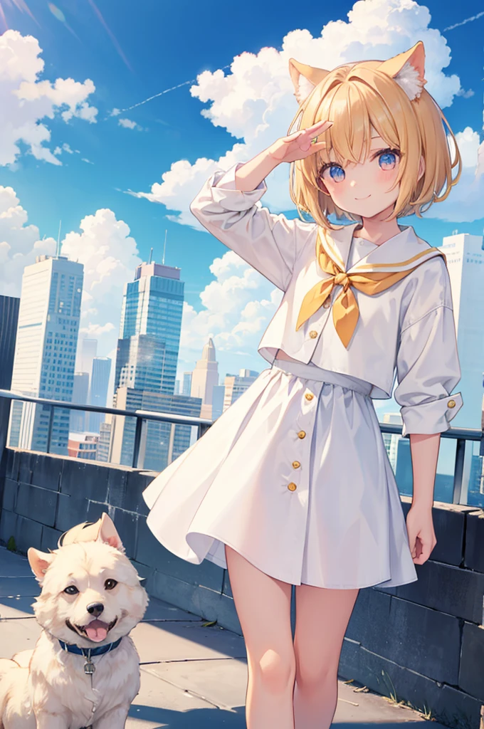 Ocher Hair Short Hair Dog ears boy Angel White Feather Full of smiles Beautiful blue sky Overlooking the big city