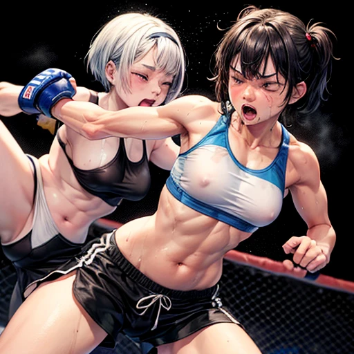 two persons. Drenched in sweat and covered in bruises, she is in a mixed martial arts ring against a female fighter. her opponent strong female fighter is kicking into her poor belly. One eye closed and mouth open, she is gasping for breath and drooling. She is a cute Japanese high school girl with short-cut black hair. She is wearing a sports bra, high-leg shorts, and open-finger gloves. Small breasts, poor belly, slender body, poor body. erect nipples.