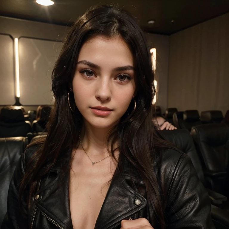 Photo of a 20 year old brunette woman, that has a very natural face, thin lips, thin eyes, thin eyebrows, thin nose, earrings ,locket, long eyelashes. She makes a cute selfie in a movie cinema , black leather jacket